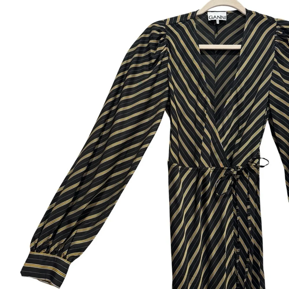GANNI Striped Long Sleeve Wrap Maxi Dress Size EU 36/S/US 4 Black Gold - Picture 9 of 16